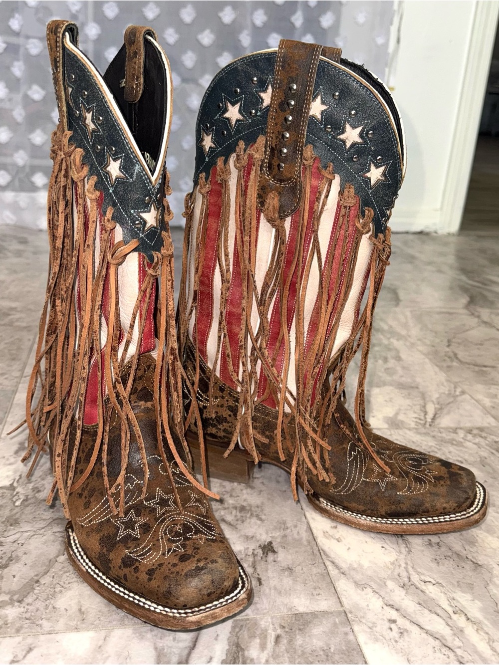 J.B. Dillon Brown, Navy & Red American Pride Fringe Western Boots